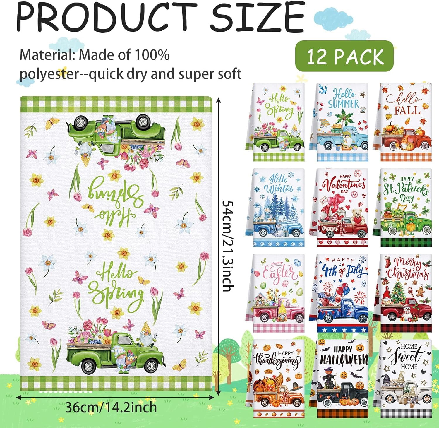 12 Pcs Seasonal Kitchen Towels Set for All Holidays Spring Easter Irish Hand Dish Tea Towels Bulk Absorbent Dishcloths Housewarming Gift for Cooking Kitchen Bathroom(Truck Style)