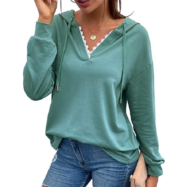Sudadera informal lisa de manga larga para días de trabajo, talla S, sudadera con cuello en V verde grisáceo con detalle de encaje