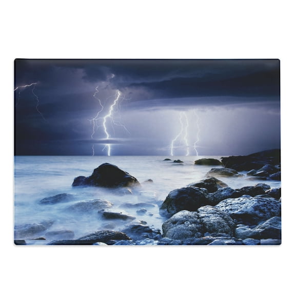 Nature Cutting Board, Summer Storm Beginning with and Beams over the Rocky Coast Waves Mystic Image, Decorative Tempered Glass Cutting and Serving Board, Large Size, Grey Purple, by Ambesonne