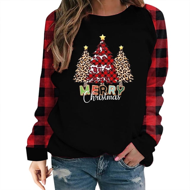 Pisexur Chandails en Molleton de Noël pour Femmes 2024 Mode Manches Longues Col Rond Chandails en Molleton Graphique Arbre de Noël Amusant Chandails à Capuchon Décontractés Vacances Chandail Ample Surdimensionné