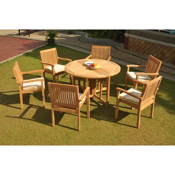 Grade-A Teak Dining Set: 6 Seater 7 Pc: 48" Round Butterfly Table And 6 Leveb Stacking Arm Chairs Outdoor Patio WholesaleTeak #WMDSWVm