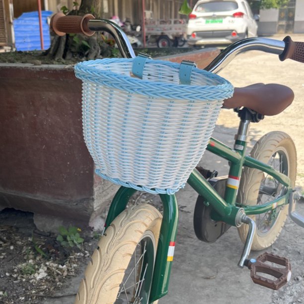 Cesta delantera para bicicleta, cesta impermeable tejida a mano para bicicletas de niños y adultos (blanco y azul)