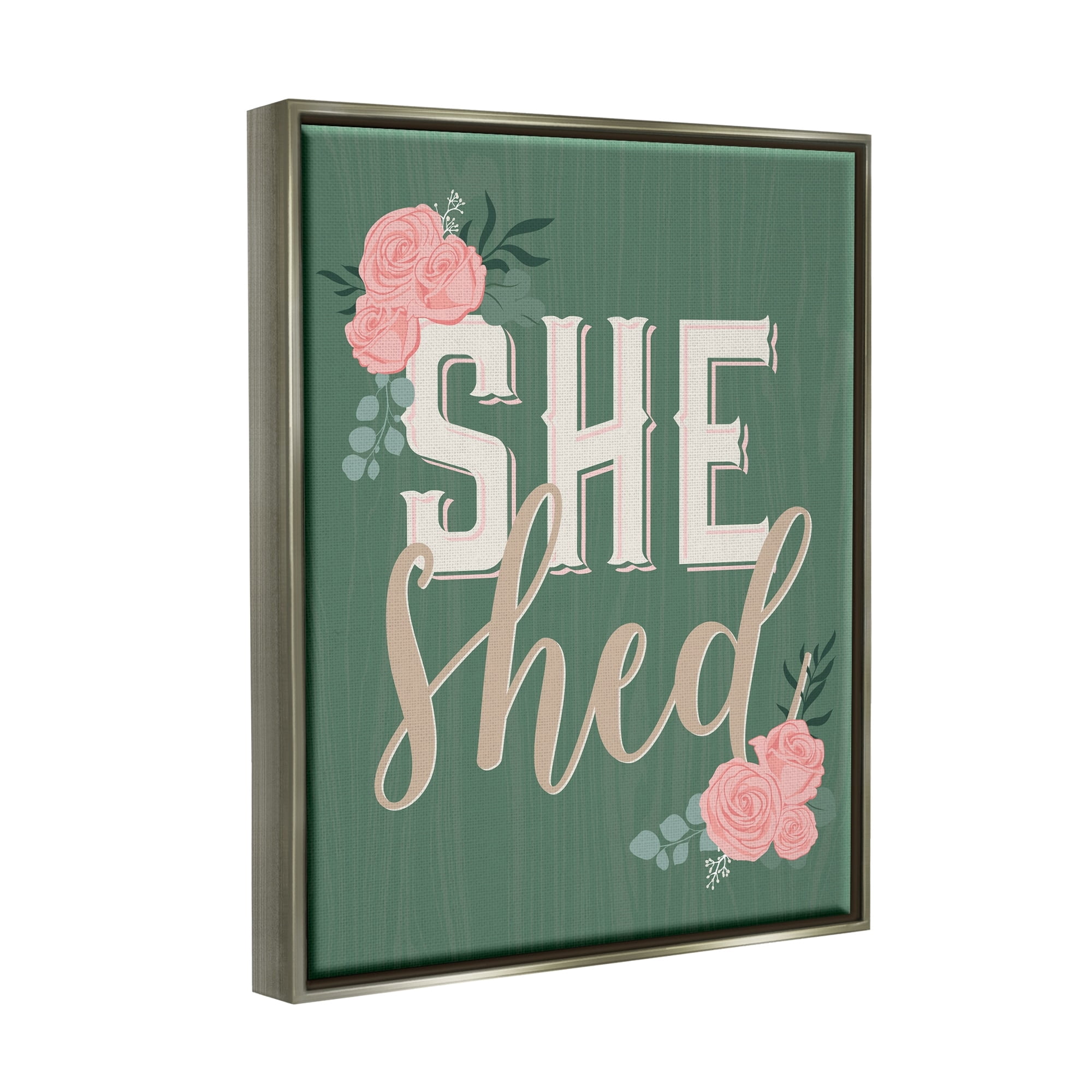 Stupell Industries She Shed Floral Pink Rose Calligraphy Sign Graphic Art Luster Gray Floating Framed Canvas Print Wall Art, Design by Angela Nickeas