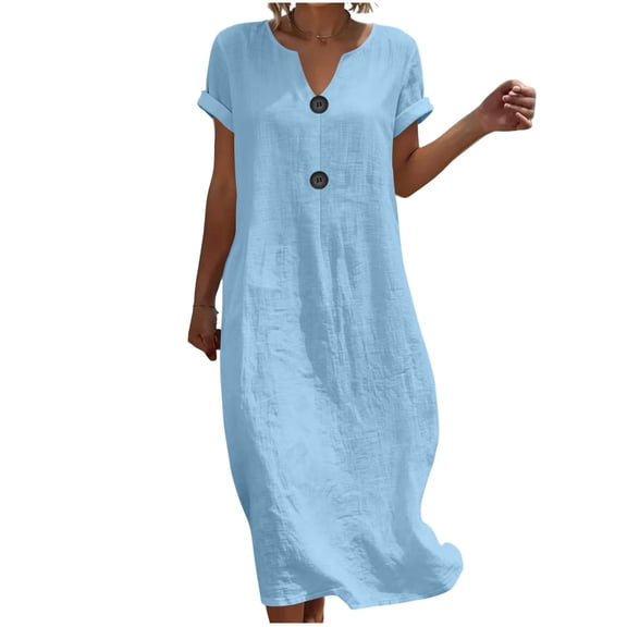 Lmueinov 2026 Women's Notch V Neck Rolled Short Sleeve Cotton Linen Maxi Dress, Two Button Decor Breathable Lightweight Loose Fit Casual Daily Vacation Long Dress S-2XL
