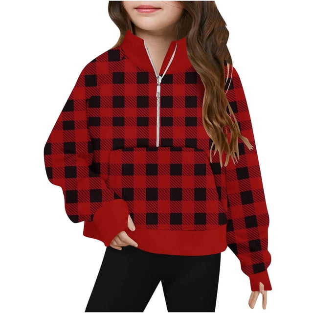 Chandails à Col Rond pour Petites Filles en Liquidation, Chandail à Carreaux Imprimé pour Grandes Filles, Chandail de Sport Décontracté à la Mode, Chandail à Manches Longues, Hauts Courts pour Enfants, Chandail à Trou pour le Pouce Rouge 7 Ans