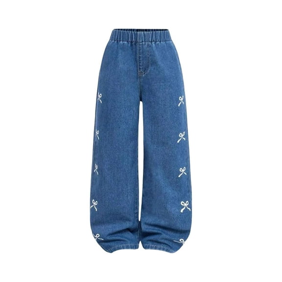 Gibobby Baggy Jeans for Girls Wide Leg Ripped High Elastic Waisted Denim Pants Cute Summer Trousers Y2K Streetwear Stretch Denim Overalls for Toddler Girls(Dark Blue,6-7 Years)