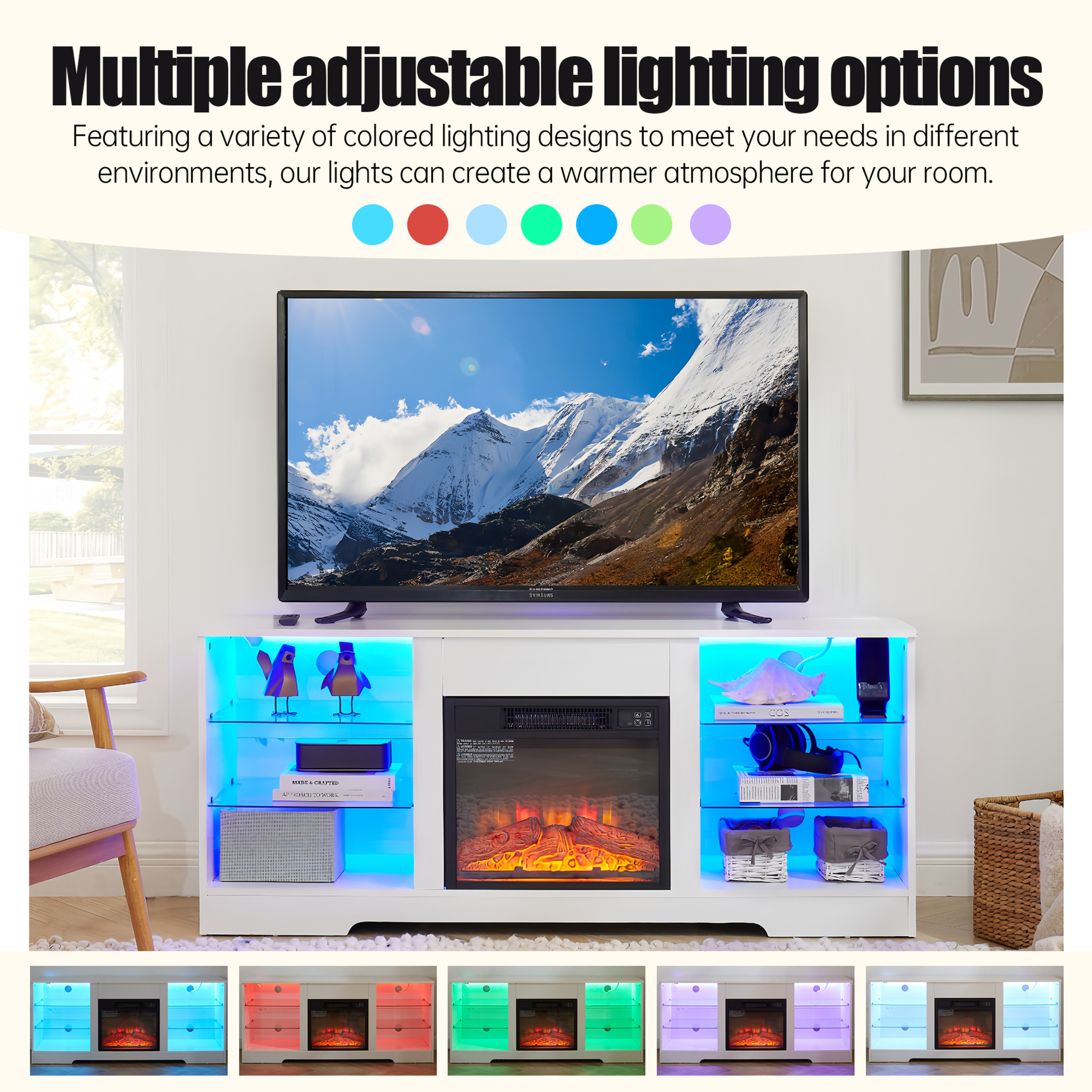 Noble House Hector 58" Electric Fireplace TV Stand, Media Console with Glass Shelves, Cable Hole, 62" TVs, White