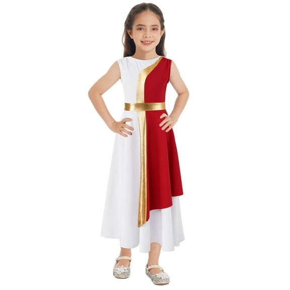 TiaoBug Kids Girls Metallic Lyrical Dance Dress Sleeveless Color Block Tunic Cross Dancewear Red 14