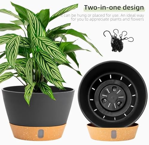 2 Pack 8 Inch Hanging Planters for Indoor Outdoor Plants, Hanging Baskets Flower Pots with Reservoir Tray & Visible Water-Level Dark Grey,8 inch