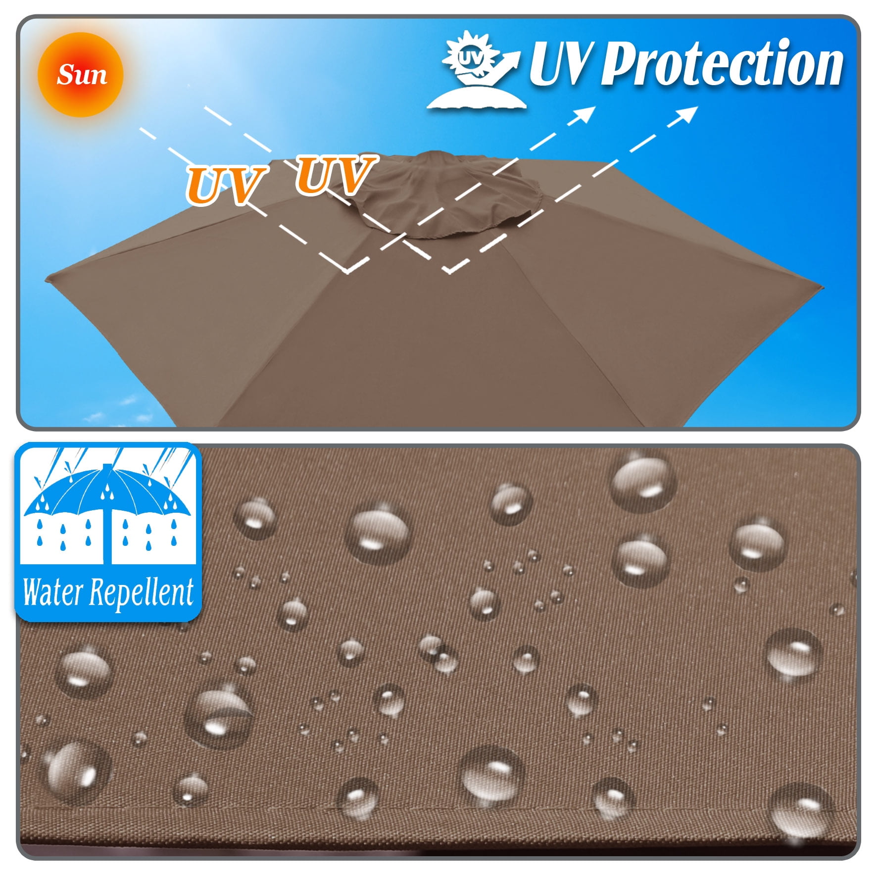 Sunny 6.5’ x 6.5' 6 Rib Brown Patio Umbrella Canopy, UV Protective 180g Polyester