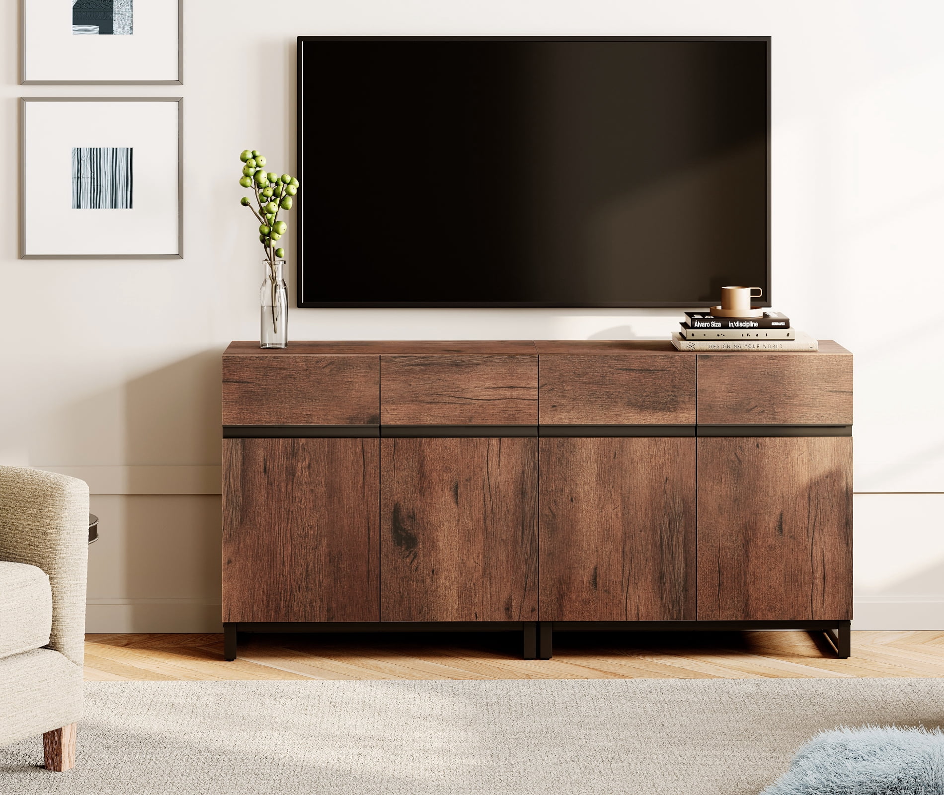 WAMPAT 63" TV Stand with Doors,Modern TV Stand for TVs up to 70 Inch,2 Packs Wood Entertainment Center with Adjustable Shelves & Metal Base.