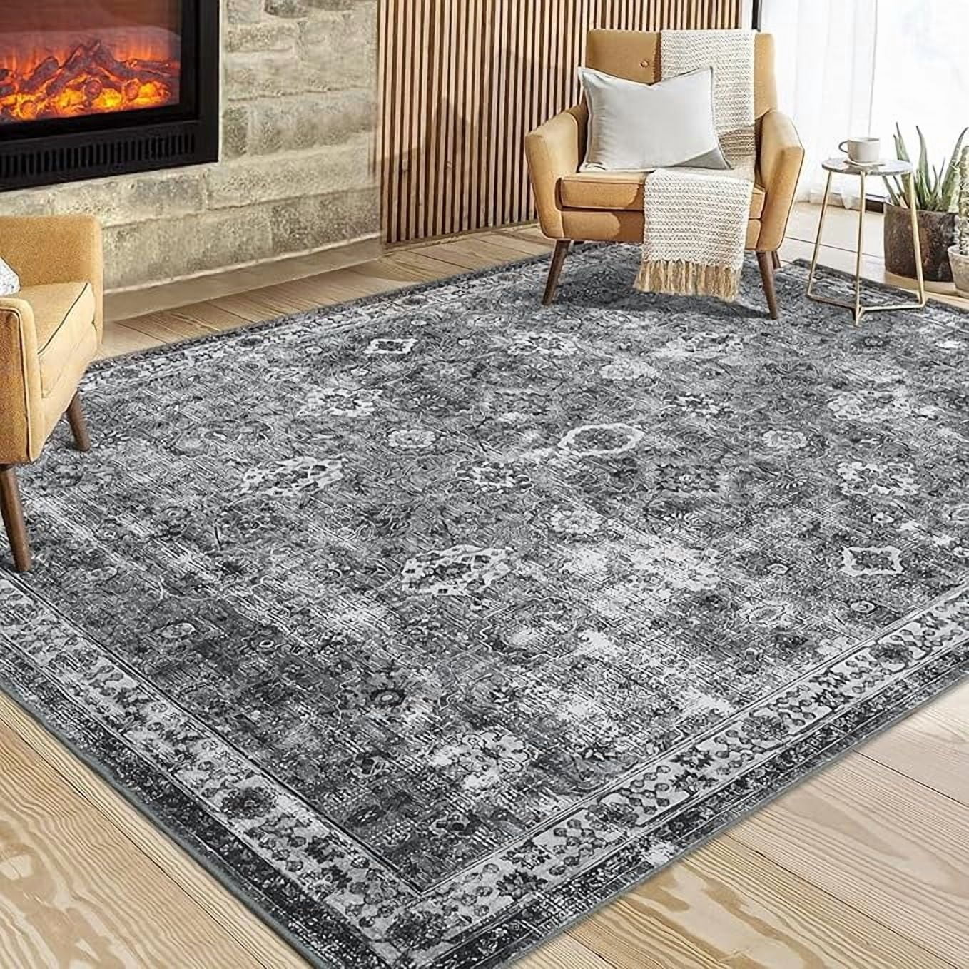 Vintage Floral 9x12 Rugs Reddish Brown Washable Area Rug for Bedroom Living Room Non Slip Boho Rug Thin Printed Faux Wool Soft Floor Carpet for Dining Room Nursery Playroom Indoor Office