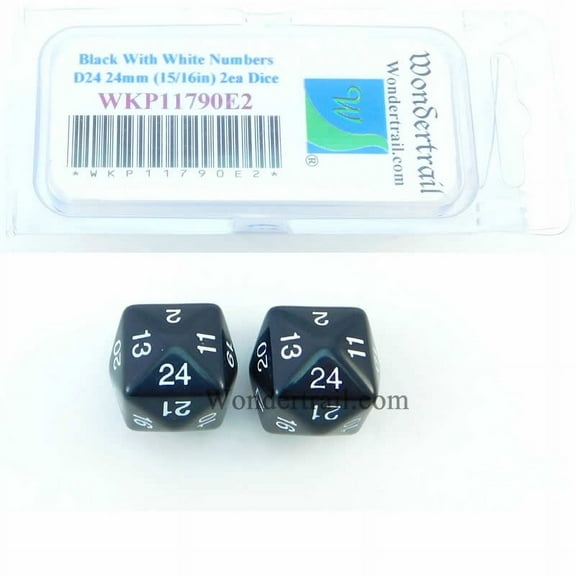Black Opaque Dice with White Numbers D24 24mm (15/16in) Pack of 2 Wondertrail