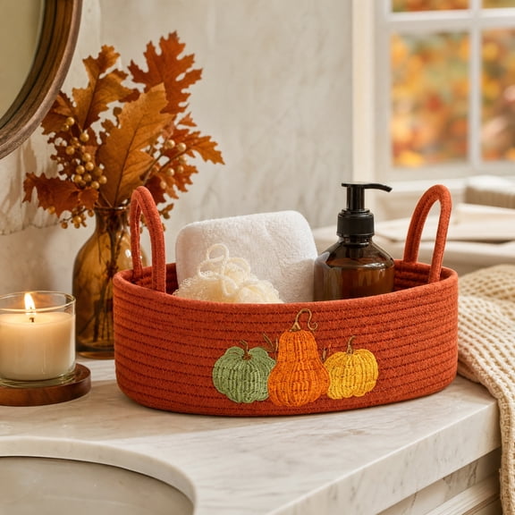 Fall Storage Decor, Pumpkin Cotton Rope Embroidery Basket with Handbag Style Closure for Kitchen and Gift Display, Versatile Fall Decorations for Home Organizer