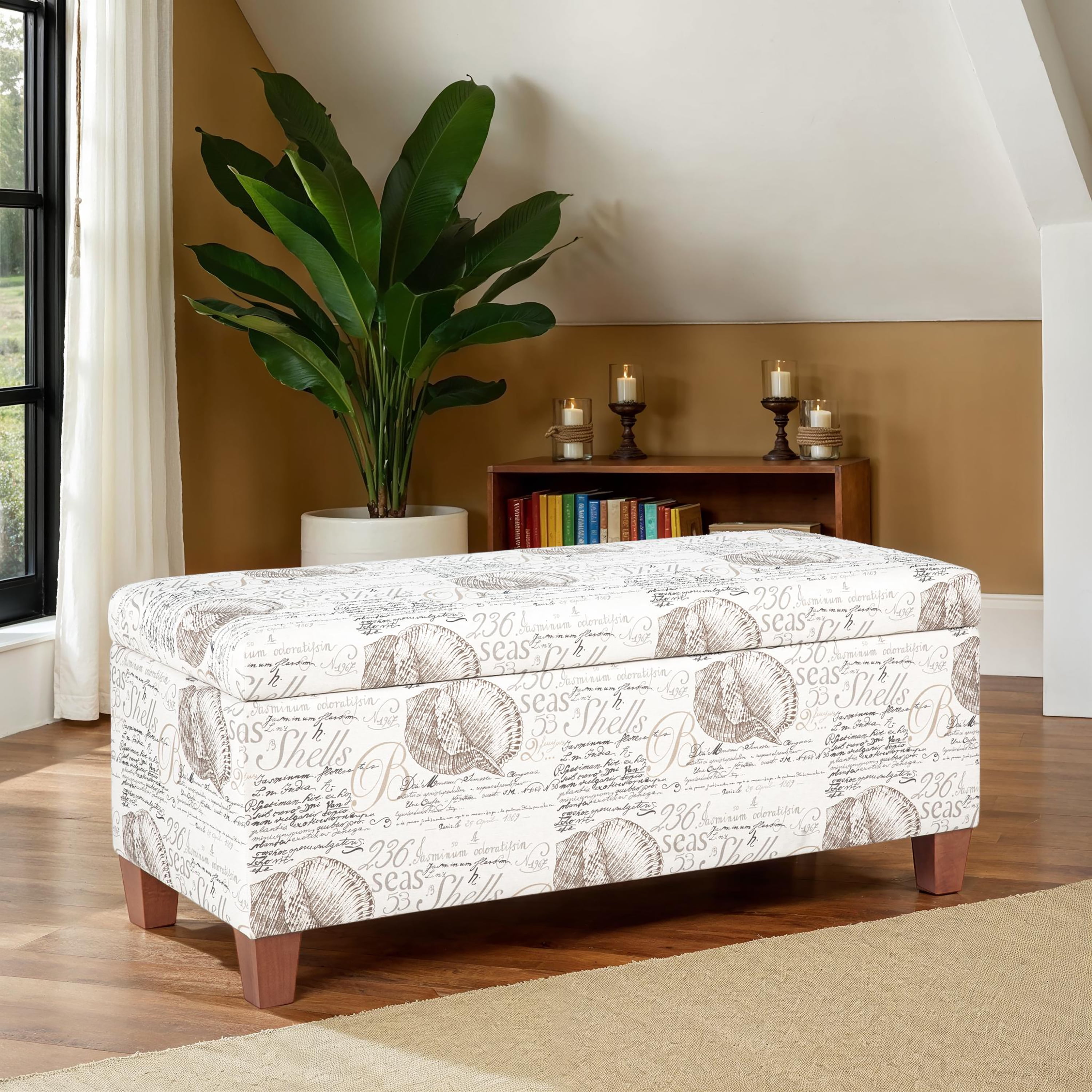Linon Carmen Upholstered Storage Ottoman, Beige Ocean Seashell