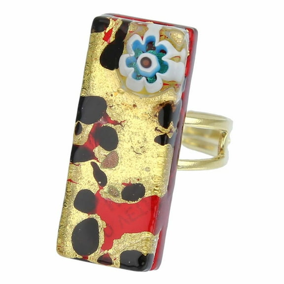 GlassOfVenice Murano Glass Venetian Reflections Rectangular Adjustable Ring - Gold Millefiori
