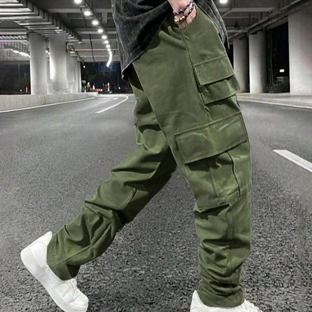 Ceisia Men Solid Color Multi Pocket Button Work Pants Outdoor Casual Gift Loose Trousers