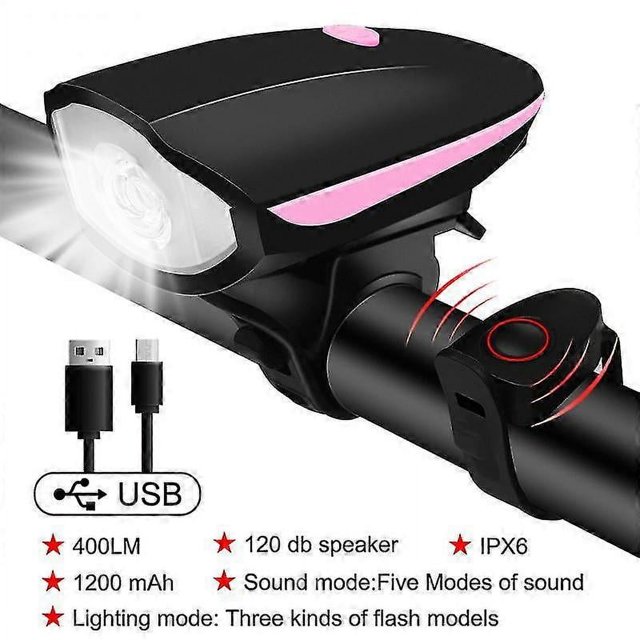 Bicycle Front Light with Bike Horn USB Rechargeable Lantern Tw,pink Light