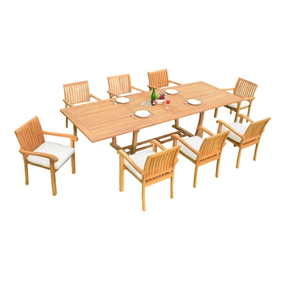 9 PC A Grade Outdoor Patio Teak Dining Set - 117" Double Extension Masc Rectangle Table & 8 Naples Stacking Arm Chairs