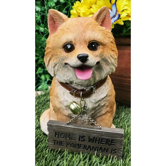 Adorable Pet Pal Pomeranian Puppy Dog With Jingle Collar And Plank Sign Statue