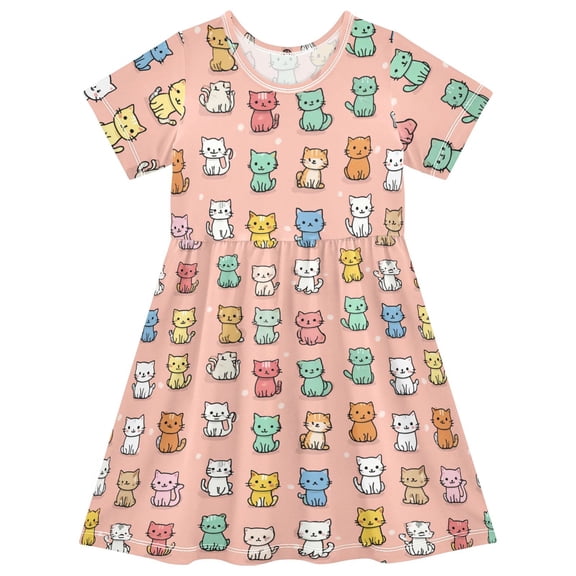 Cute Kitten Short Sleeve Dress A-Line Cute Midi Casual Sundress 2-8 Years