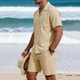 thumbnail image 5 of Bovxnpu Men 2 Piece Linen Set Beach Outfits Cotton Linen Men Short Sleeve Button Collar Shirt Beach Shorts Set, 5 of 7