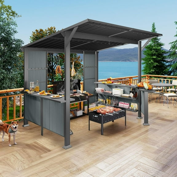 Domi 9x10 ft Hardtop Grill Gazebo, Metal BBQ Gazebo with Shelves and Side Platforms, Heavy-Duty Grill Canopy with Sloped Roof for Patio & Backyard, Gray