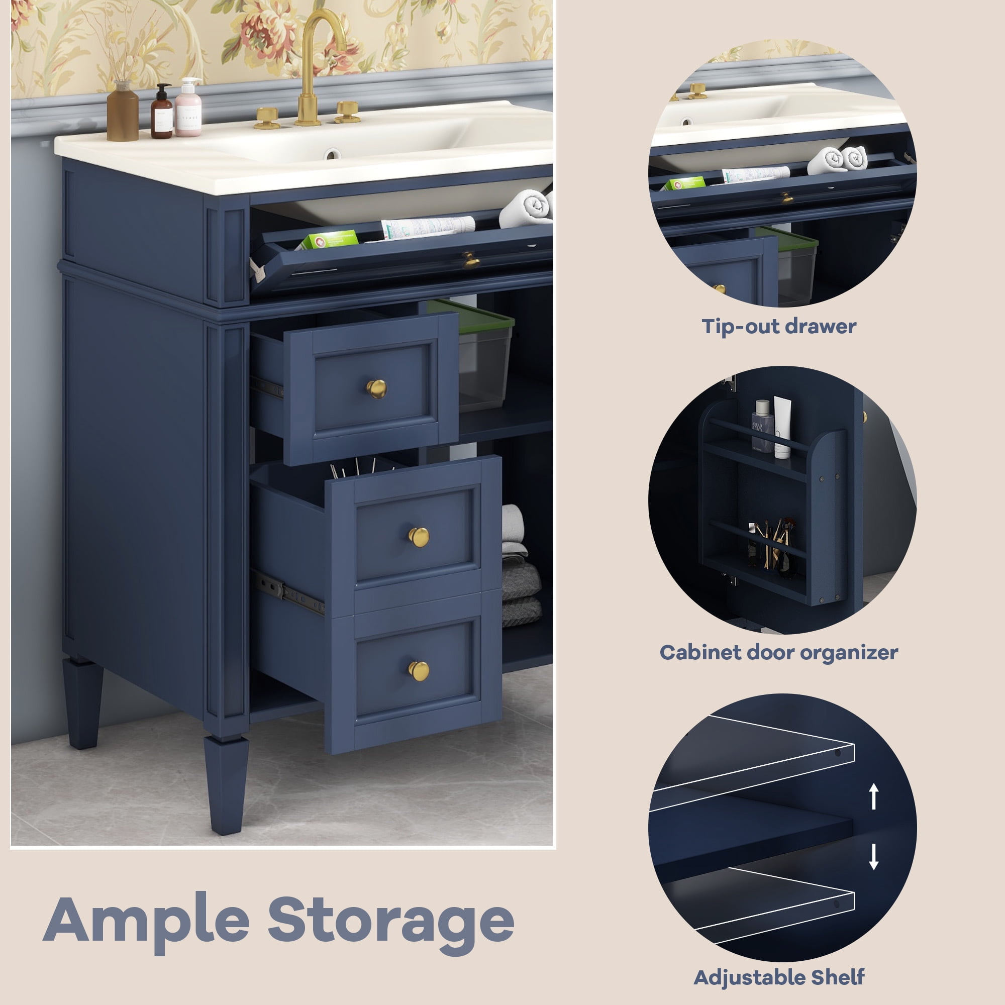 30'' Bathroom Vanity with Top Sink, Modern Bathroom Storage Cabinet with 2 Drawers and a Tip-out Drawer, Single Sink Bathroom Vanity