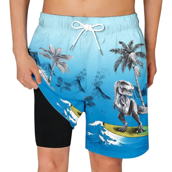 JIAYUE Boys Summer Swim Trunks With Compression Liner Pockets Tropical Dinosaur Graphic Prints Drawstring Swimwear For Beach Kids Comfortable Swimming Shorts