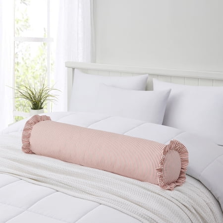 HOME DECOR COLLECTION 8″ X 36″ PINK STRIPED RUFFLE BOLSTER DECORATIVE PILLOW