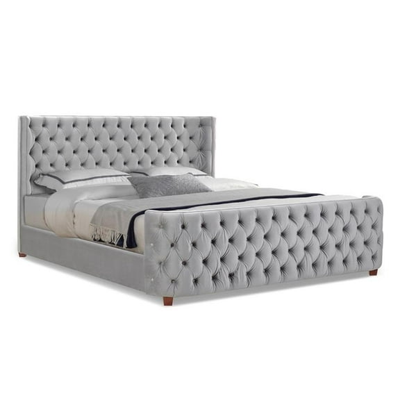 Maklaine Mid-Century King Tufted Hardwood Bed in Opal Grey