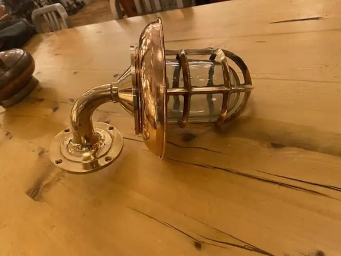 Solid Brass Nautical Sconce with Copper Shield & Glass Globe – 90 Degree Wall Fixture