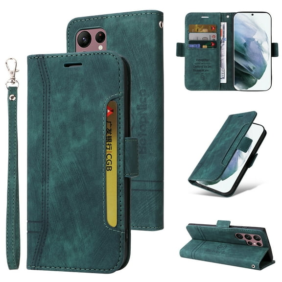 Wallet Case for Samsung Galaxy S22 Ultra, Wrist Hand Strap Premium PU Leather TPU Shockproof Flip Cover with Kickstand Card Slots Holder Magnetic Clasp Case for Samsung Galaxy S22 Ultra, Green