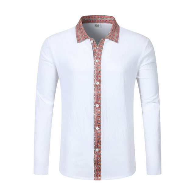 European Linen Long Sleeve Shirt with Ethnic Pattern Patchwork for Everyday Casual Wear Relaxed Fit Top for Spring and Autumn