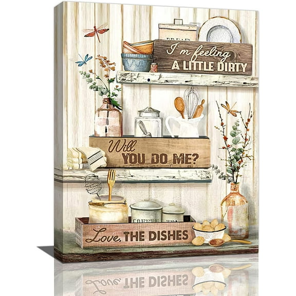 Farmhouse Kitchen Wall Art Country Dishes Kettle Canvas Prints Painting Rustic Kitchen Pictures Framed Artwork Home Decor for Canteen Restaurant Dining Living Room 12"x16"