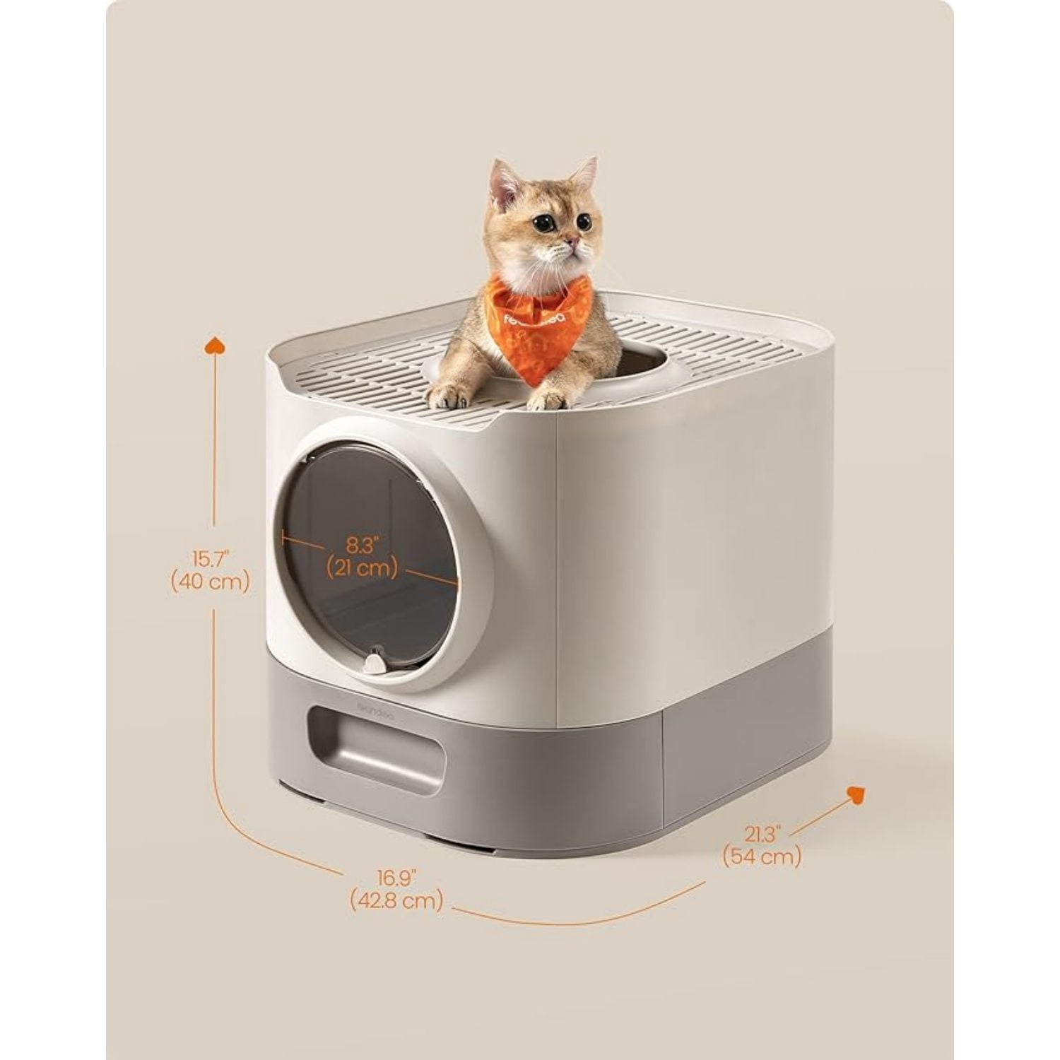 Cat Litter Box with Lid, XL Enclosed Litter Box with Slide-Out Tray, Scoop, Brush, Anti-Tracking, for Cats of Different Sizes, Oatmeal and Warm Gray