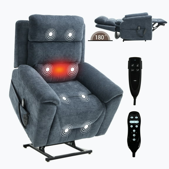 Dual Motor Power Lift Recliner Chair, 350LB Capacity with Massage and Heat, 180° Recline, Remote Control, Cup Holders, Blue