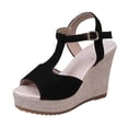 thumbnail image 5 of Rokment Womens Platform Wedge Dressy Sandals Stylish Casual Leopard Suede Peep Toe Ankle Strap Linen Chunky High Heels Gladiator Summer Dress Shoes Black Size 6.5, 5 of 6
