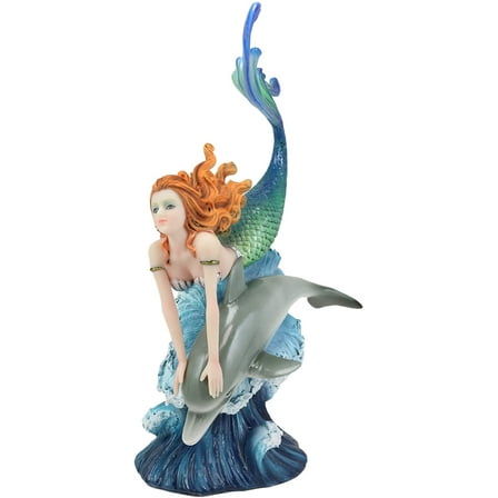 Ebros Red Haired Mermaid Riding Dolphin Over The Ocean Waves Figurine 10.25" H