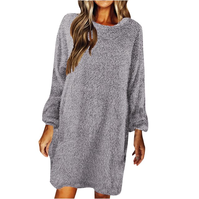 Robe Chandail en Molleton pour Femmes Col Rond Manches Longues Couleur Unie Décontractée Ample Super Douce Chaude Hiver Midi