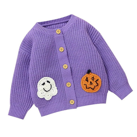 Odeerbi Infant Boys Girls Halloween Knit Cardigan Sweater Fall Winter Thermal Sweater Infant Halloween Three-dimensional Pattern Cardigan Baby Knitted Cute Tops Infant Clothes Purple