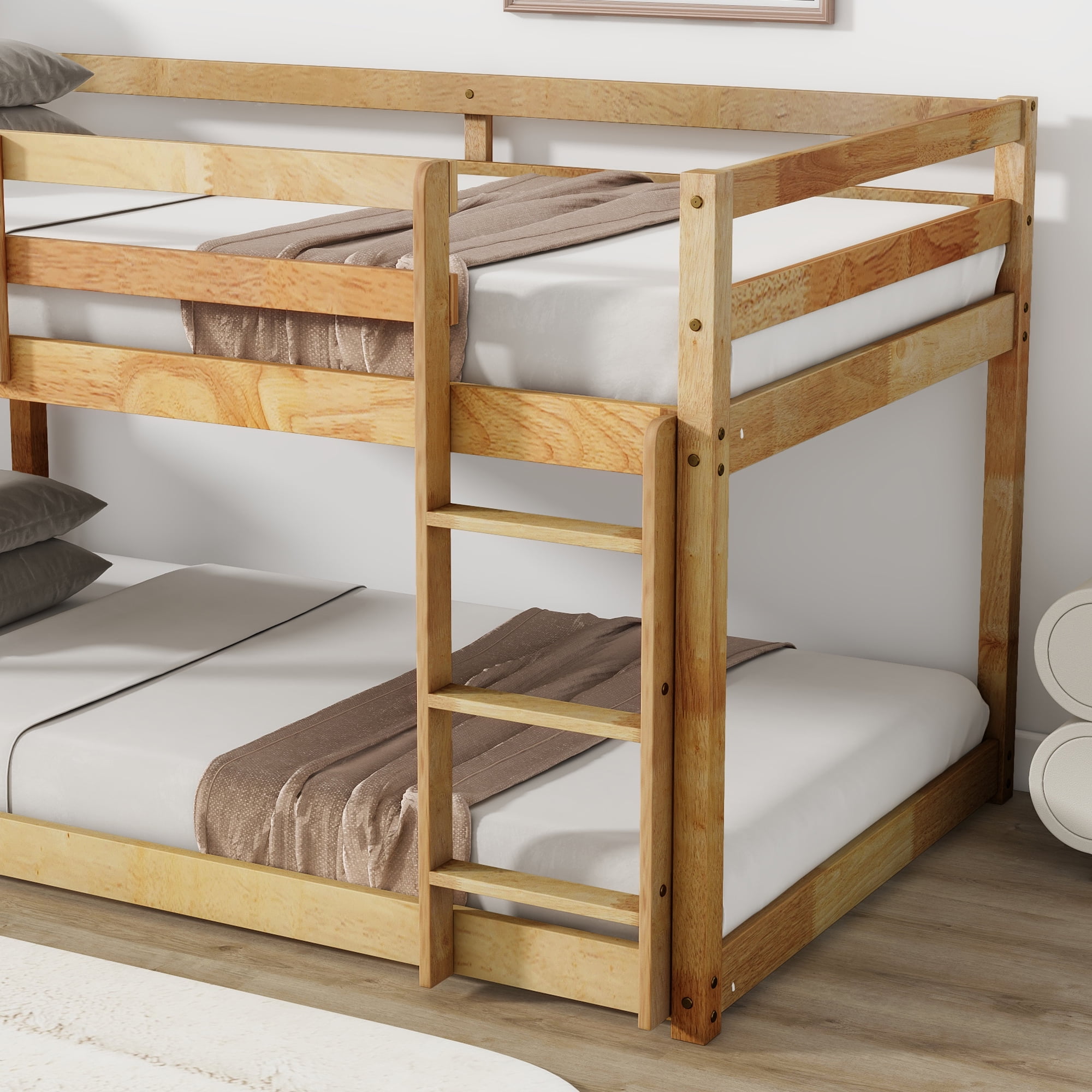 Sailvan Floor Bunk Bed Twin Over Twin, Solid Wooden/Solid Rubber, Upper Bed Platforms crafted with Strengthened Slats