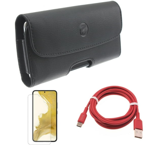 6ft USB-C Cable & Matte Screen Protector & Case Belt Clip for Samsung Galaxy S22 (6.1") - Red Charger Cord & TPU Film Anti-Glare & Leather Holster Accessory Bundle