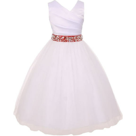Elegant V Neck Rhinestone Belt Little Girl Flower Girls Dresses White Red 2