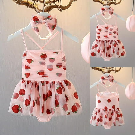 

Gubotare Summer Small And Medium Sized Girls Pink Fashion Quick Drying Strawberry Printed Mesh Girls Bathing Suits with Sleeves Pink 3-4 Years