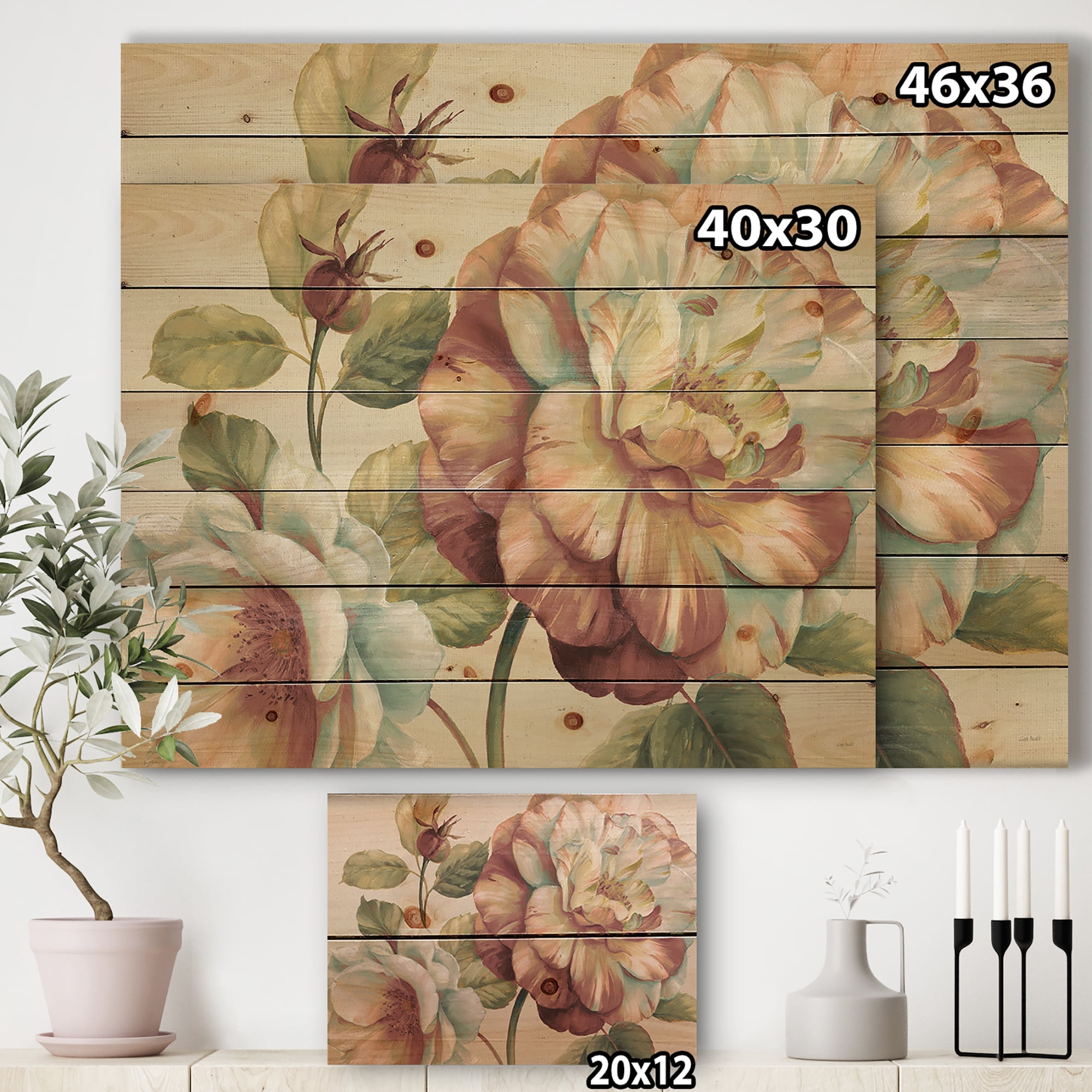 Designart 'Romantic Dark Rose Blossing Flowers' Floral Print on Natural Pine Wood