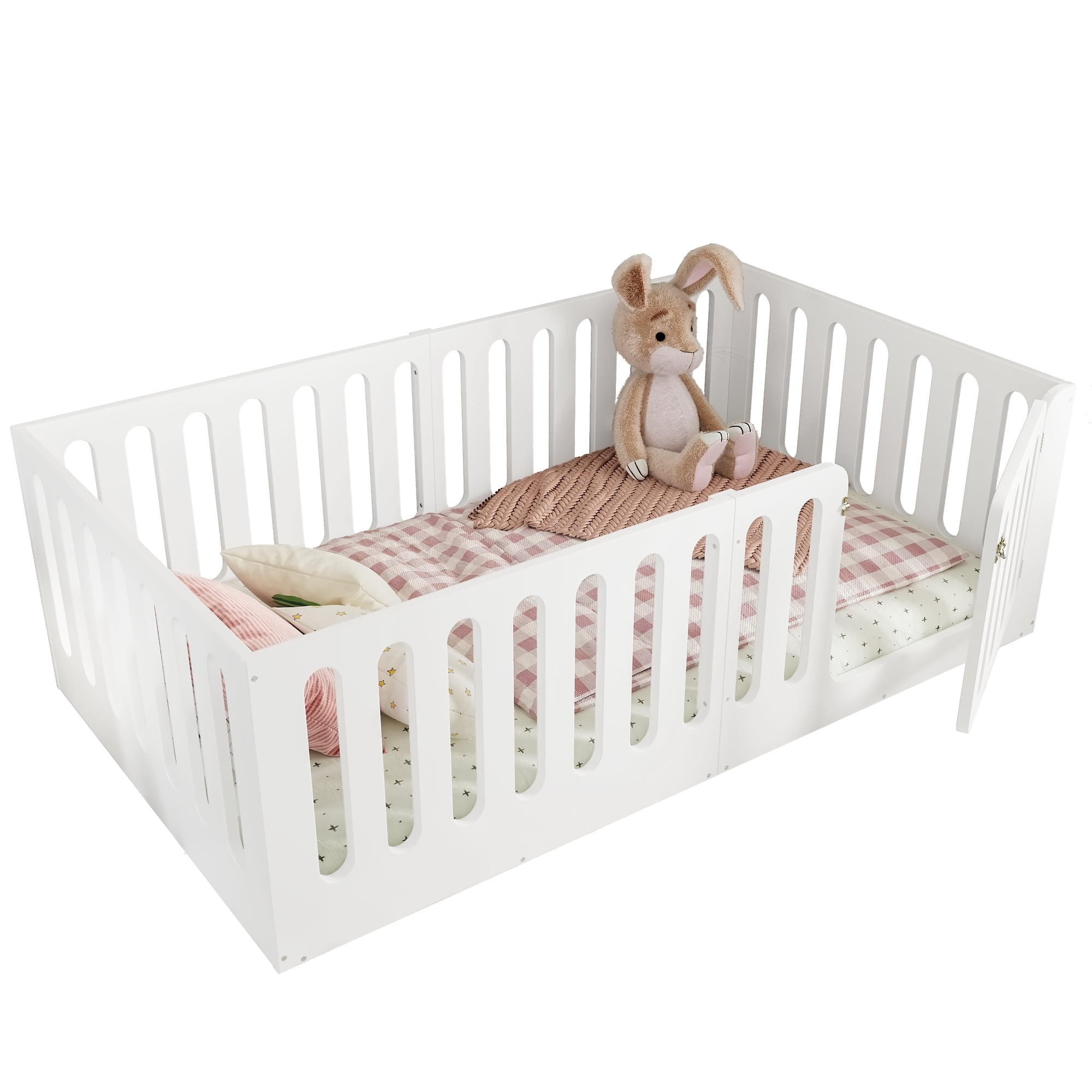 Miniyam Twin Floor Bed with Door, Low Profile Kids Bed with Guardrails, Pine and Plywood, White