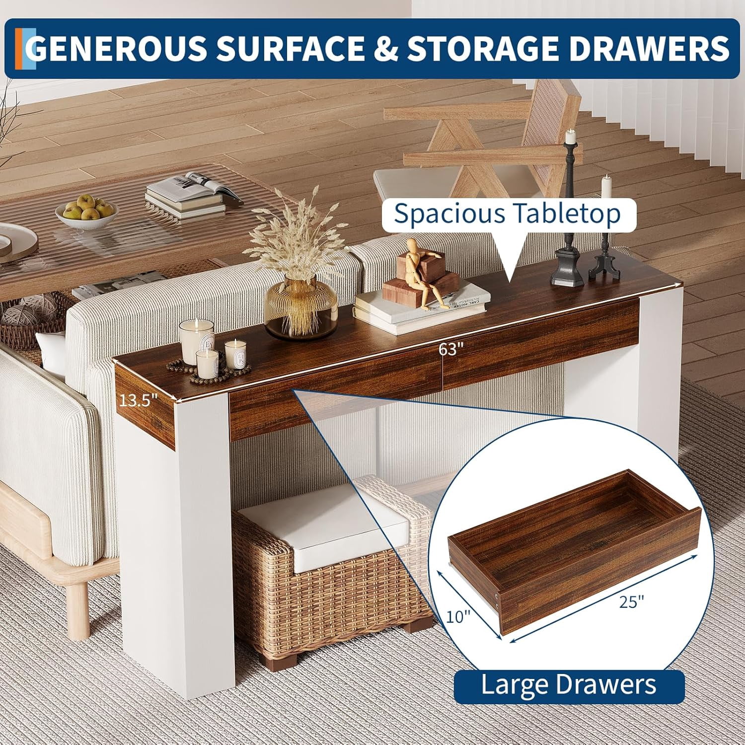 63 Inch Wood Entryway Table - 2 Drawers Slim Console Table Hallway Living Room Brown White