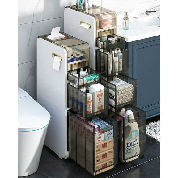 3-Tiers Narrow Storage Cabinet,Sleek Free Standing Toilet Paper Holder,Small Bathroom Floor Cabinet,Slim Plastic Drawer ,Multifunctional Organizer for Kitchen Bedroom Laundry Room,etc