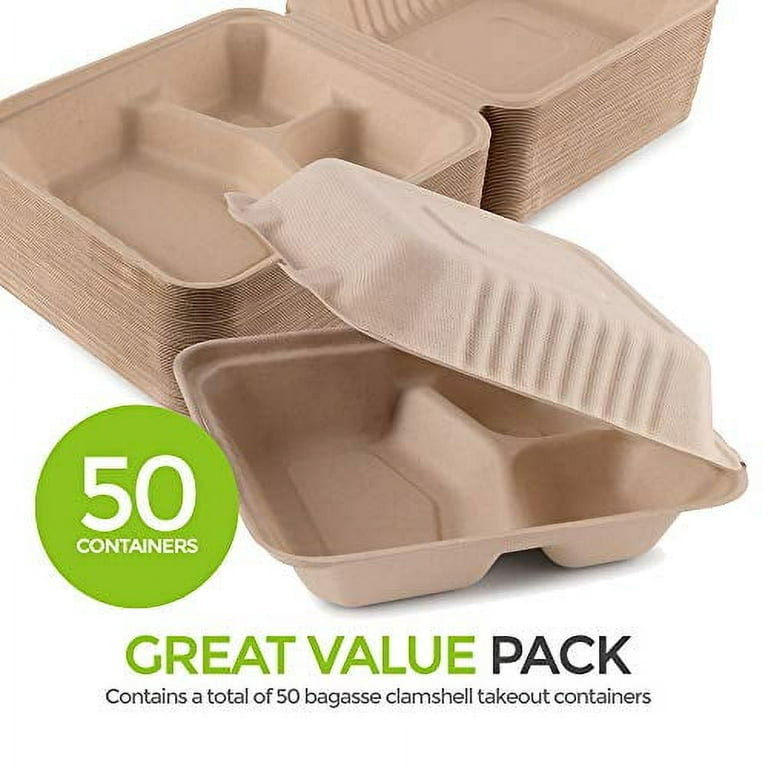 Vallo 100% Compostable Clamshell To Go Boxes For Food [8X8 3-Compartment  50-Pack] Disposable Take Out Containers, Made of Biodegradable Sugar Cane